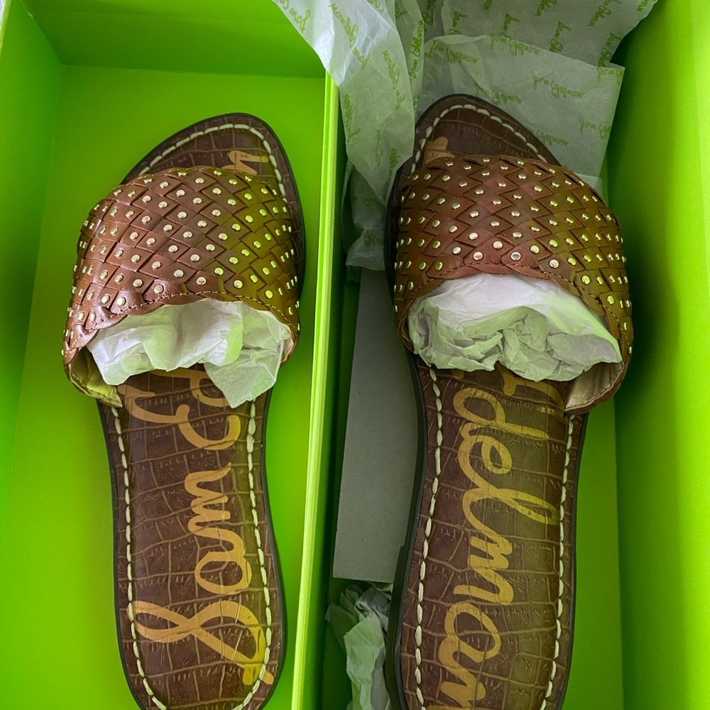 Sam Edelman brown studded croc embossed slides sandals size 6